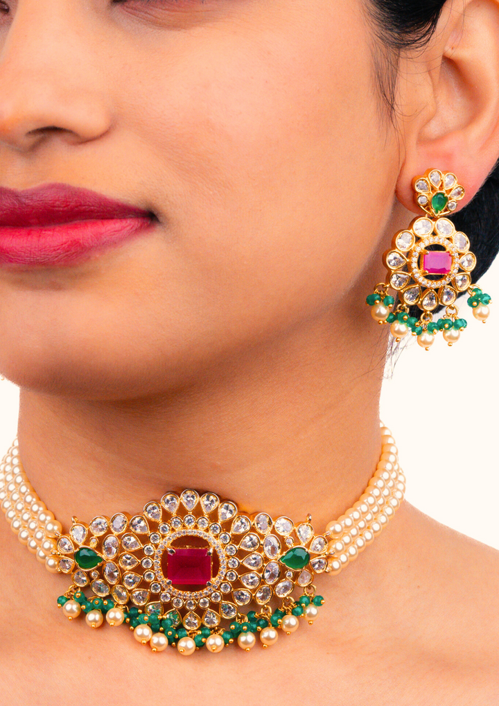 Kundan & Beads Brass Base Gold Plated Necklace With Earrings s 220081