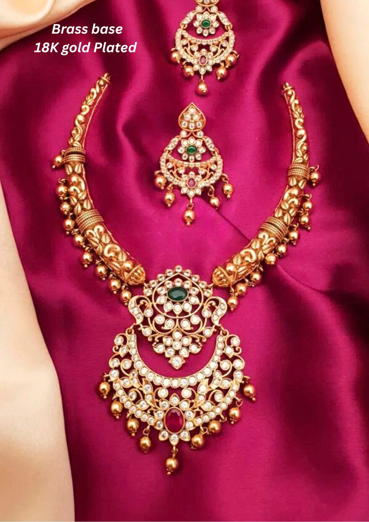Kundan & Beads Antique Finish Brass Base Gold Plated Necklace With Earrings g 101850