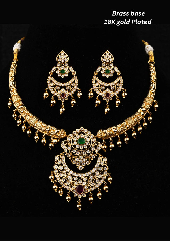 Kundan & Beads Antique Finish Brass Base Gold Plated Necklace With Earrings g 101850