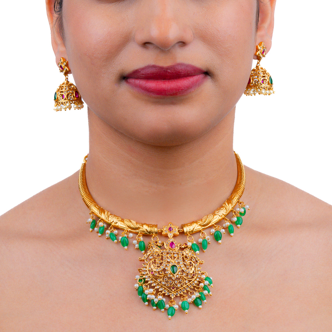 Kundan & Beads Brass Base Gold Plated Necklace With Earrings s 190051