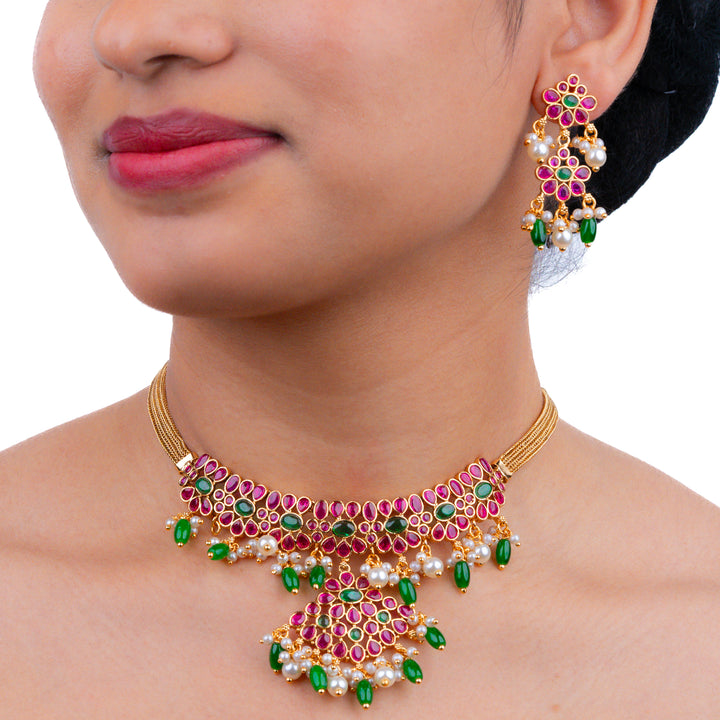 Kundan & Beads Kemp Stone Brass Base Gold Plated Necklace With Earrings g 101800