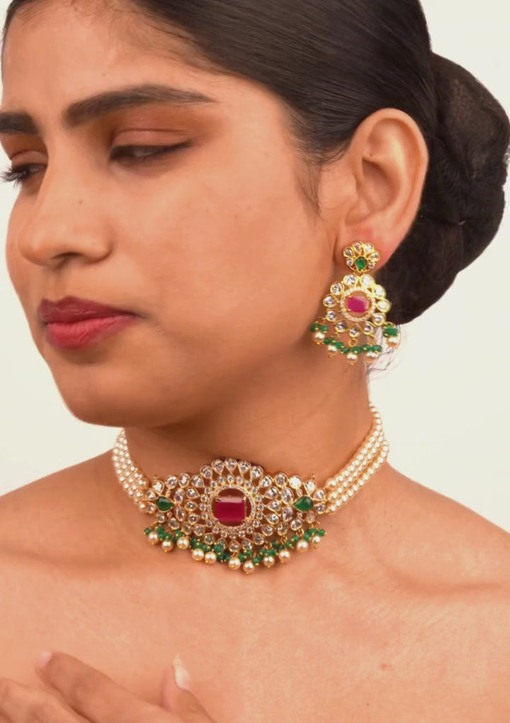 Kundan & Beads Brass Base Gold Plated Necklace With Earrings s 220081